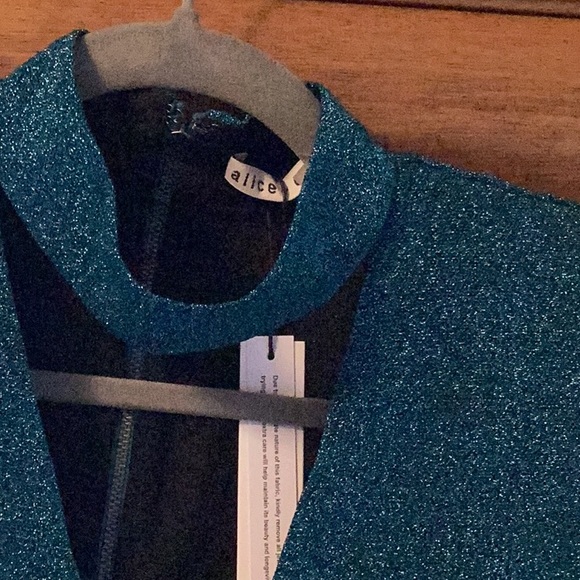 Alice + Olivia metallic teal V-necklace mini dresss w/collar size 8 NWT - Picture 7 of 10